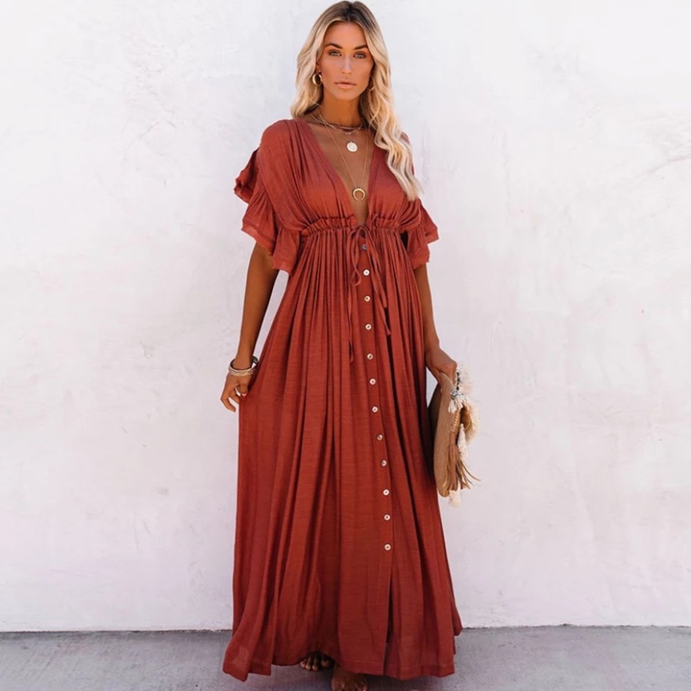 Red Gauze Boho Button Maxi Dress